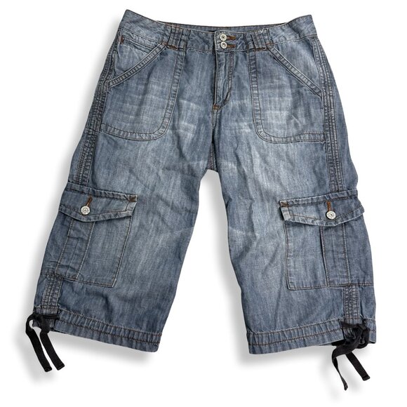 a.n.a Bermuda Skimmer Cargo Shorts Womens 8 Drawstring Hem Cotton Blue Denim - Picture 1 of 9